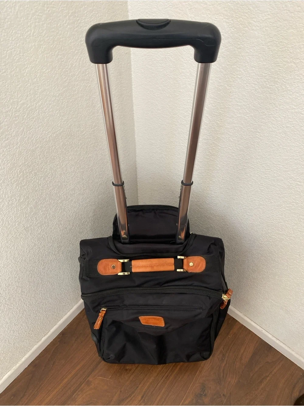Bric's Milano X-Travel 21” Black Carry-On Spinner Luggage w/ Tan Leather Accents